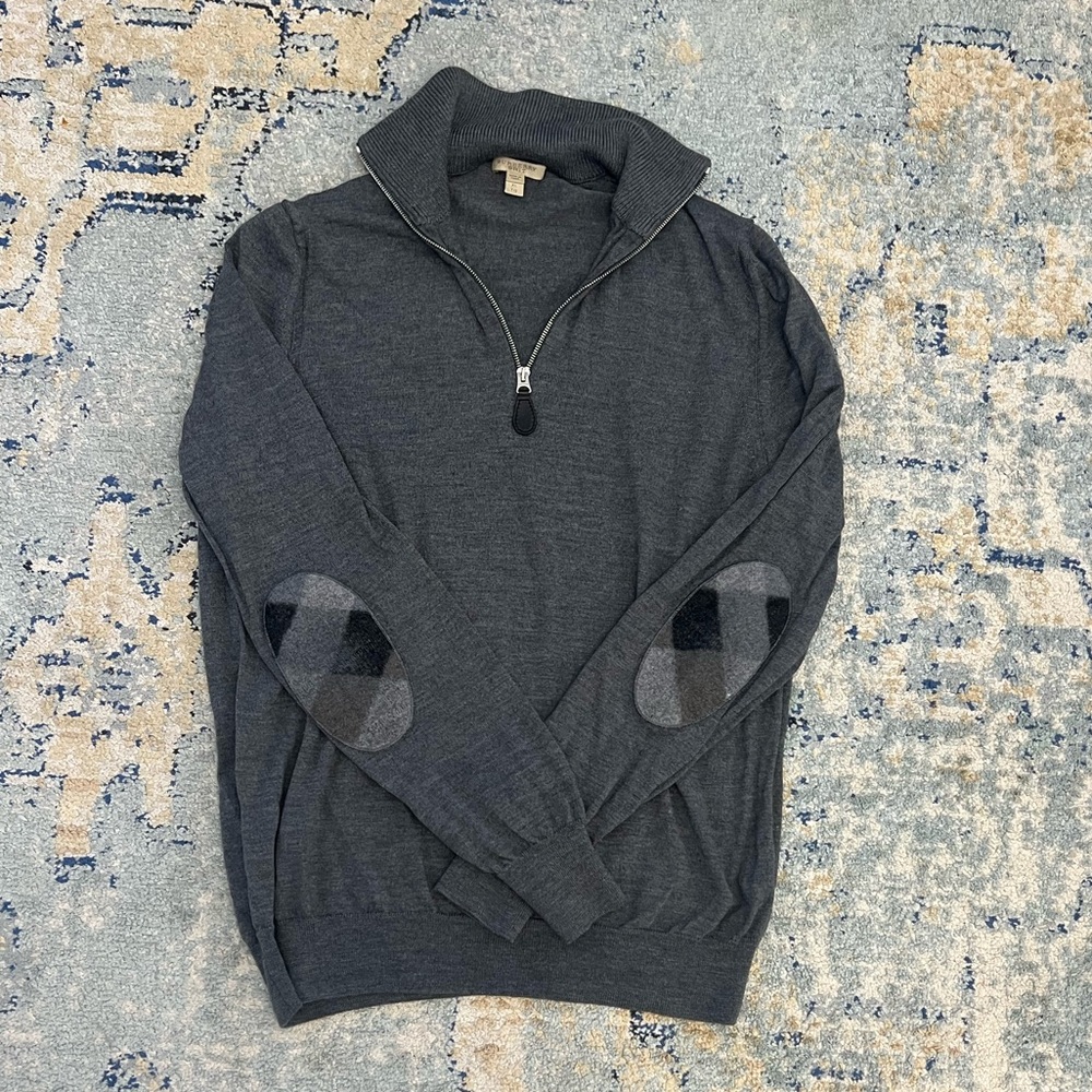 Burberry Dark Charcoal Gray Half-Zip Sweater with Plaid Elbow Patches